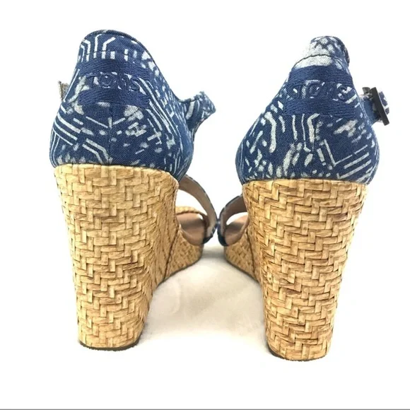 NWOT TOMS Clarissa Ankle Strap Wedge Sandals Shoe Blue Rattan - Picture 5 of 6